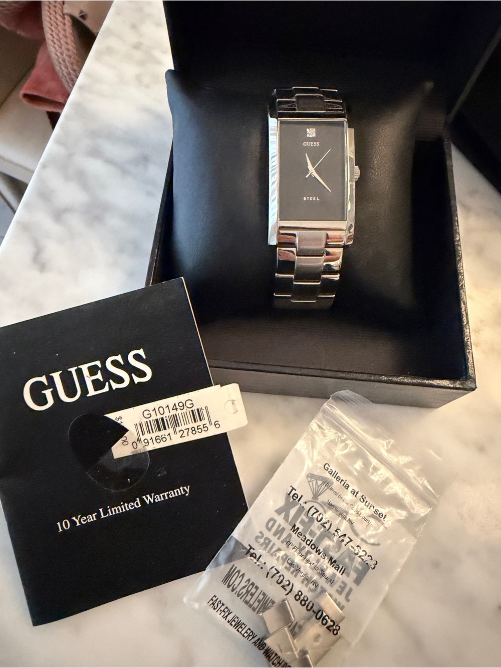 GUESS Silver Stainless Steel Men's Rectangular Black Dial Watch